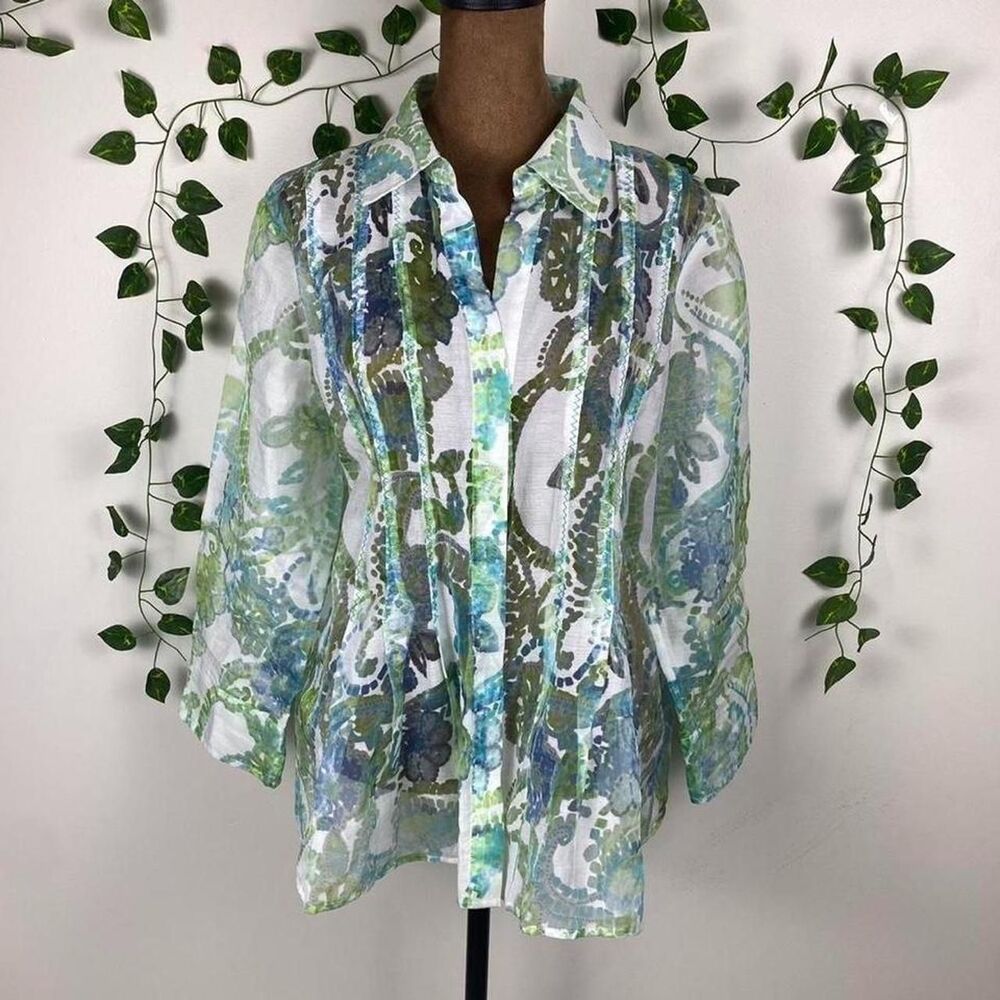 Coldwater Creek sheer button up blouse pleated blue/green semi sheer watercolor
